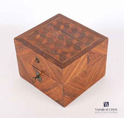 null A square veneered box with a lid decorated with a checkerboard pattern and engraved...
