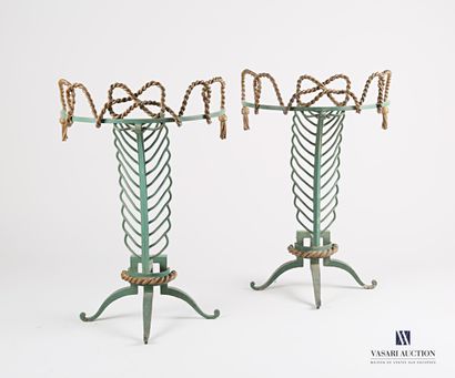 null Set in wrought iron with green and gold patina, comprising a pair of consoles...