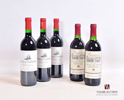 null Lot de 5 bouteilles comprenant :		

3 bouteilles	Château LARIBIÈRE	Bordeaux	2000

2...