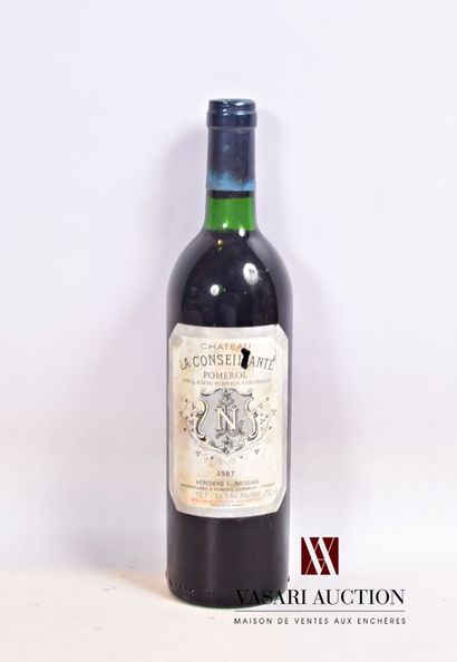 null 1 bouteille	Château LA CONSEILLANTE	Pomerol	1987

	Et. fanée et tachée (1 déchirure)....