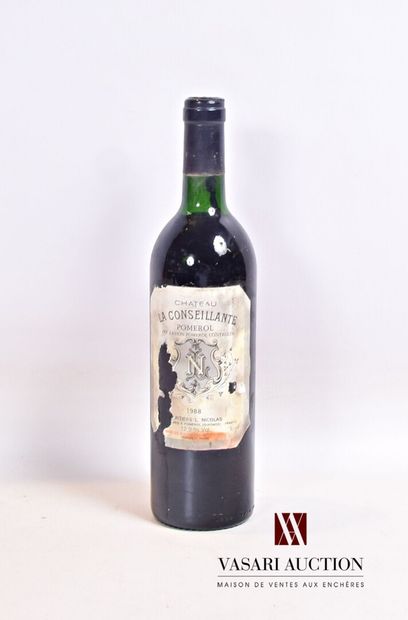null 1 bouteille	Château LA CONSEILLANTE	Pomerol	1988

	Et. tachée et déchirée (parfaitement...