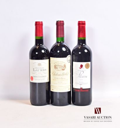 null Lot de 3 bouteilles comprenant :		

1 bouteille	Château LAURES	Bordeaux Supérieur	2009

1...