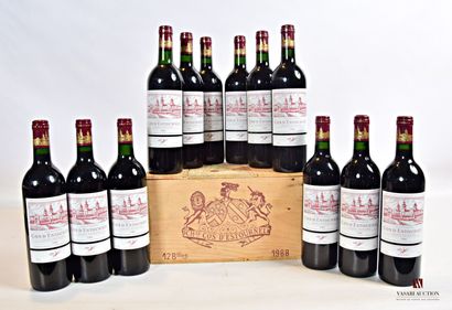 null 12 bouteilles	Château COS D'ESTOURNEL	St Estèphe GCC	1988

	Et.: 11 impeccables,...