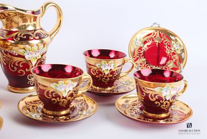 null Red Murano glass coffee set with gilt and polychrome decoration of scrolls and...