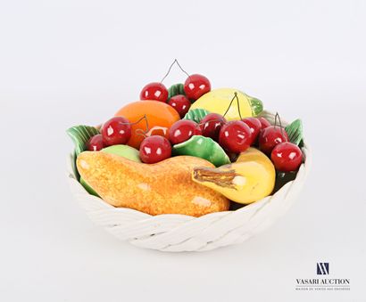null Polychrome earthenware fruit basket with a banana, a pear, cherries, lemon and...