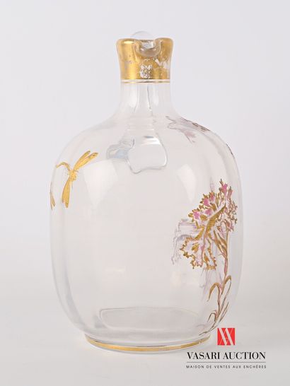 null A very fine ribbed crystal decanter and a bombonniere with enamelled flowers...