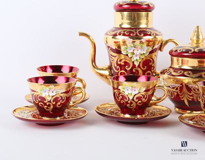 null Red Murano glass coffee set with gilt and polychrome decoration of scrolls and...