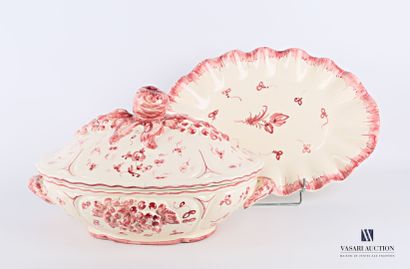 null Covered tureen and its frame in earthenware of oblong shape with purple decoration...