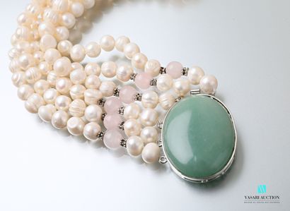 null Necklace with three rows of freshwater pearls, the metal clasp decorated with...