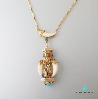 null Necklace in gilded metal with chain decorated with bars holding a pendant in...