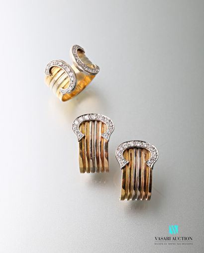 null In the Cartier style, a ring and a pair of three-tone gold earrings with diamond-paved...