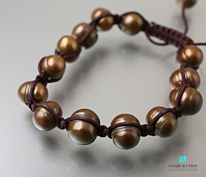 null Shamballa bracelet with brown fresh water pearls on brown cotton cord