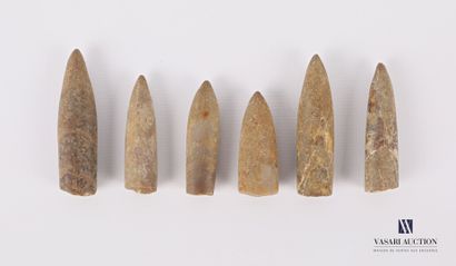 null Ensemble de six rostres de belemnites fossilisées.

Long. : de 4 à 6 cm