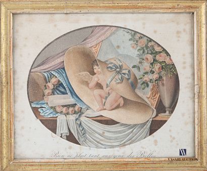 null Pair of polychrome engravings on paper titled respectively "L'amour sous les...