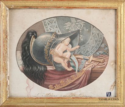null Pair of polychrome engravings on paper titled respectively "L'amour sous les...
