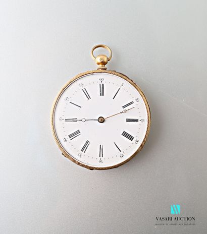 null Pocket watch in gold 750 thousandths, the dial of round form enamelled white...