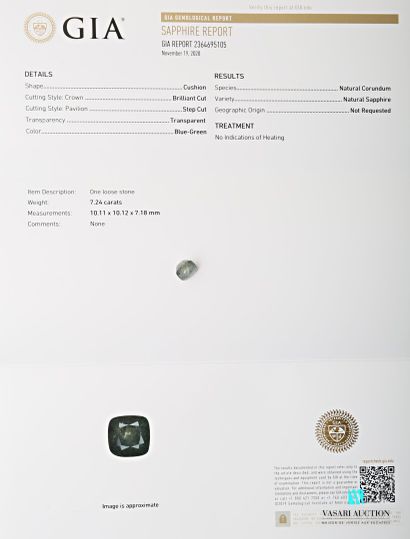null Saphir taille coussin vert de 7,24 carats avec certificat GIA du 19 novembre...