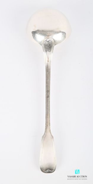 null Silver ladle, the handle decorated with fillets, marked W.D.

Master goldsmith...