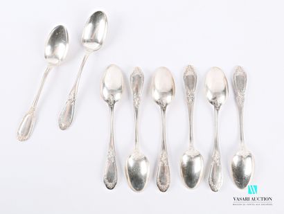 null Suite of seven silver teaspoons 800 thousandths, the handles decorated with...