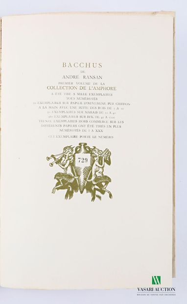 null RANSAN André - Bacchus - Paris Maurice Ponsot 1947 - un volume in-8° - broché...