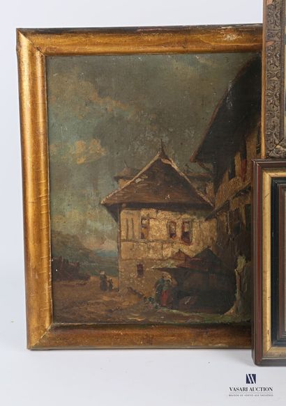 null Lot of three framed pieces including:

ANONYMOUS

Breton landscape with architecture...