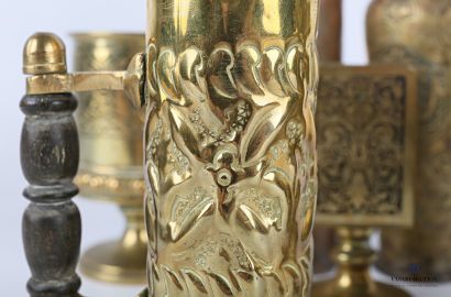 null A bronze, copper and brass lot comprising: a baluster vase with engraved oriental...