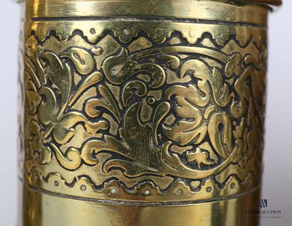 null A bronze, copper and brass lot comprising: a baluster vase with engraved oriental...