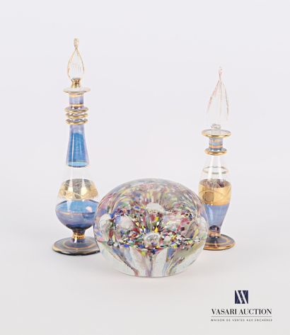 null Lot including two miniature bottles and their stopper in bluish glass and gilded...