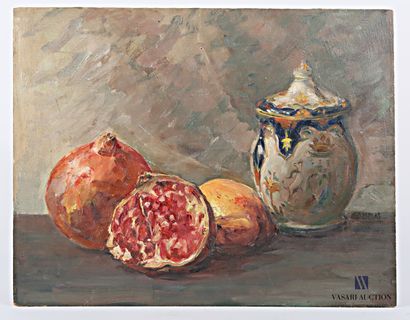 null C. DESPLAS

Still life with sugar bowl and pomegranate

Oil on panel

Signed...