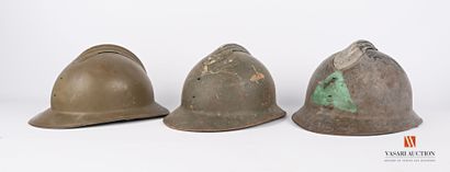 null Three helmet shells Adrian model 1926, interior and chinstraps missing, original...