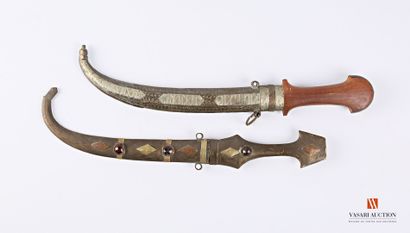 null Belt dagger called Koumya, curved blade, wooden handle, brass scabbard enriched...