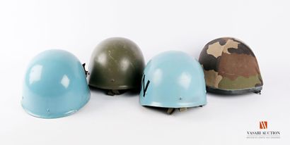 null French Army: helmets model F1, with camouflaged helmet cover, blue UN paint...