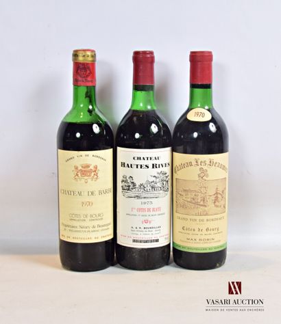 null Lot de 3 bouteilles comprenant :		

1 bouteille	Château DE BARBE	Côtes de Bourg	1970

1...