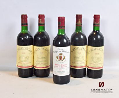 null Lot de 5 bouteilles comprenant : 		

2 bouteilles	Château DE CRAIN	Bordeaux...