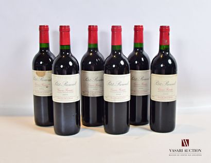 null 6 bottles PETIT-RENOUIL Canon Fronsac

	3 bottles of 2003, 3 bottles of 2002.

	Stained....
