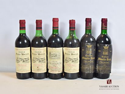 null Lot de 6 bouteilles comprenant :		

3 bouteilles	Château PETIT MOULIN	Fronsac	1985

1...