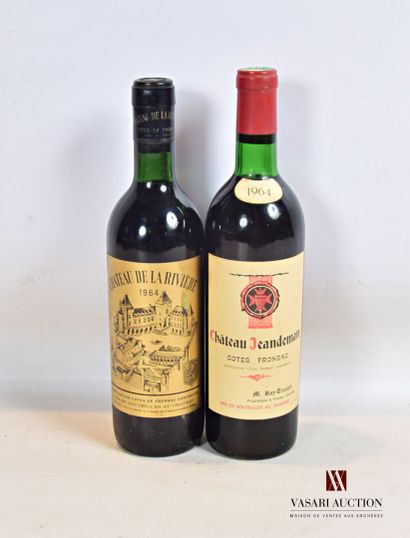 null Lot de 2 bouteilles comprenant :		

1 bouteille	Château JEANDEMAN	Côtes de Fronsac	1964

1...