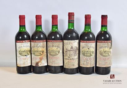 null Lot de 6 bouteilles comprenant :		

5 bouteilles	Château DES BARONS	Bordeaux	1985

1...