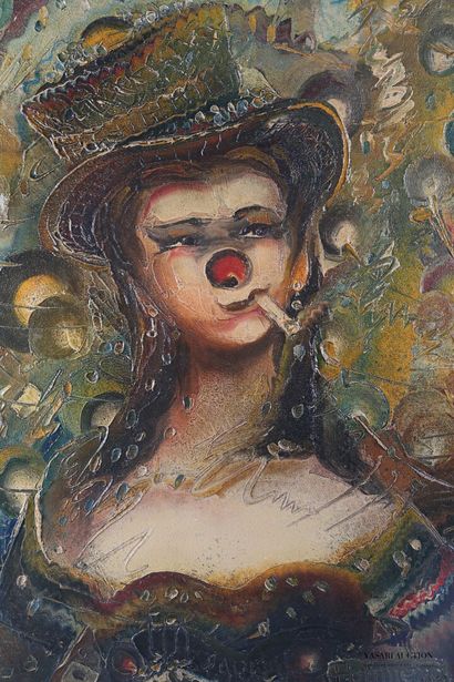 null POLIMENO Paolo (1919-2007)

Female clown with a cigarette

Oil on canvas

Signed...