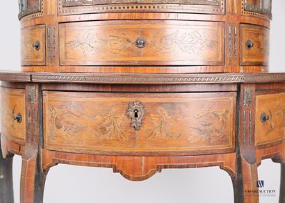 null Veneer half-moon showcase decorated with floral and foliage scrolls in marquetry...