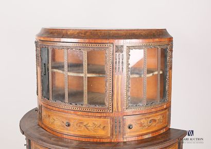 null Veneer half-moon showcase decorated with floral and foliage scrolls in marquetry...