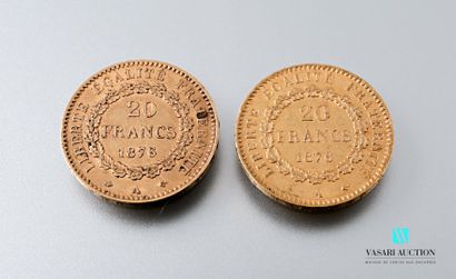 null Deux pièces en or de 20 francs figurant le Génie d'après Augustin Dupré, 1876,...