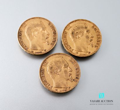 null Trois pièces en or de 20 francs figurant Napoléon III tête nue gravée par Albert-Désiré...