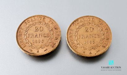 null Two 20 franc gold coins featuring the Genie after Augustin Dupré, 1893, workshop...