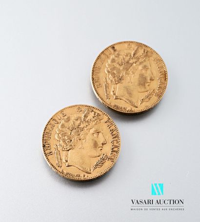 null Two 20 franc gold coins featuring Ceres engraved by Louis Merley, 1851, workshop...