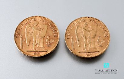 null Deux pièces en or de 20 francs figurant le Génie d'après Augustin Dupré, 1897,...