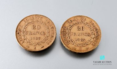 null Deux pièces en or de 20 francs figurant le Génie d'après Augustin Dupré, 1887,...