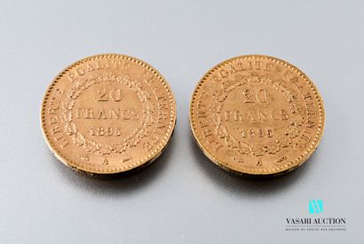 null Deux pièces en or de 20 francs figurant le Génie d'après Augustin Dupré, 1895,...