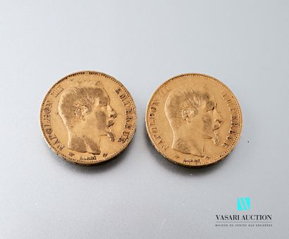 null Deux pièces en or de 20 francs figurant Napoléon III tête nue gravée par Albert-Désiré...