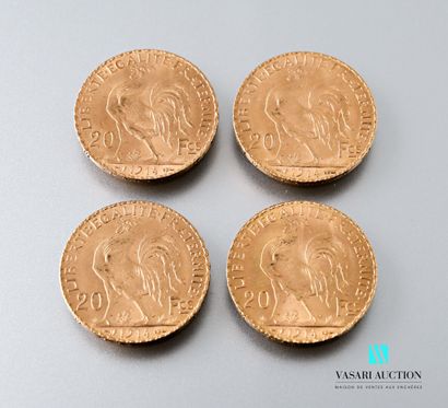 null Quatre pièces en or de 20 francs figurant Marianne et le Coq d'après Jules-Clément...